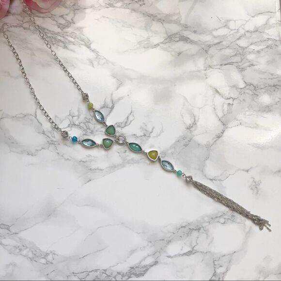 2/$30 Blue Green Gold Chain Necklace w matching dangle drop Earrings Set - Picture 1 of 2